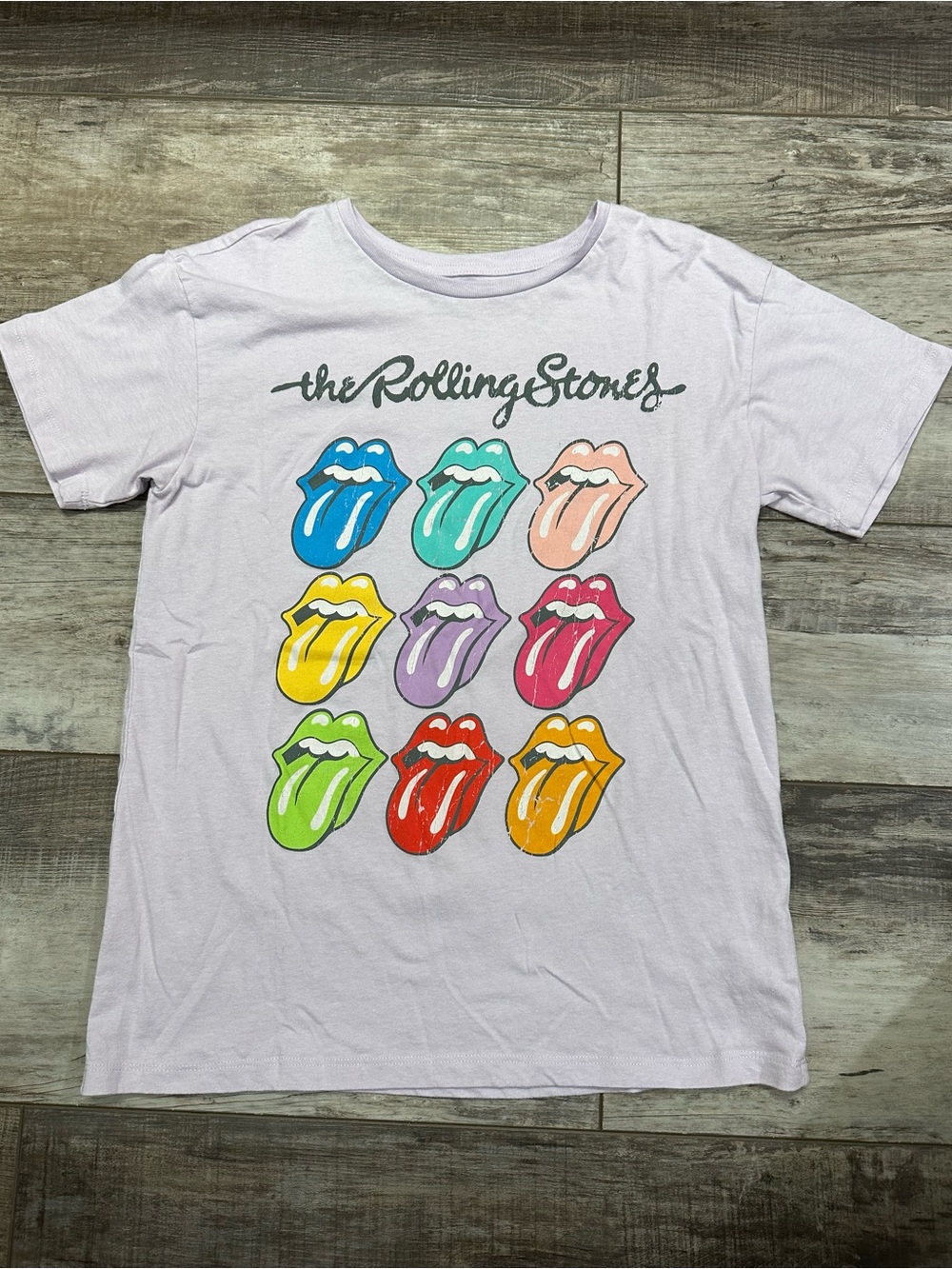 the Rolling Stones Lavender Kids Tee with Colorful Tongue Grid